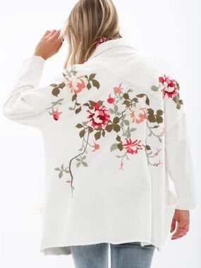 Aratta White Floral Embroidered Open Cardigan Jacket size XS oversized